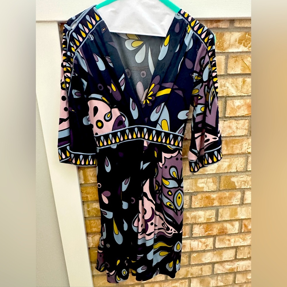 Early 2000’s BCBGMaxazaria multi-colored dress with bell sleeves. XS.